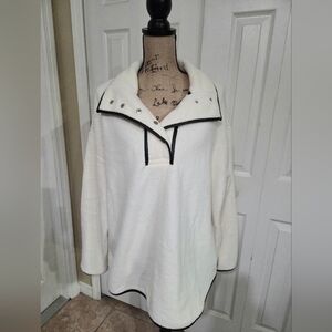 Como Blu White Fleece Pullover with Black Faux Leather Trim